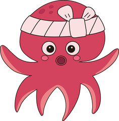 Octopus Tropical Underwater Cartoon Takoyaki Japanese Food Character Illustration Graphic Element Art Card