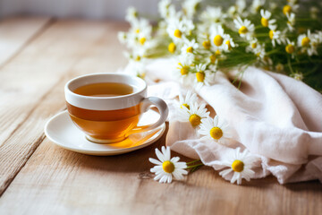 Cup of tea with chamomile flowers on wooden table