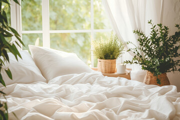 Close up of a bed, coffee table and plants in a minimalistic living bedroom staging