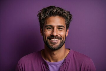 Fototapeta premium Portrait of a handsomely cold-smiling man, isolated on a purple background