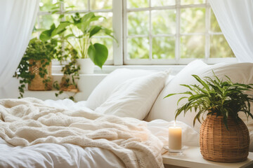 Close up of a bed, coffee table and plants in a minimalistic living bedroom staging