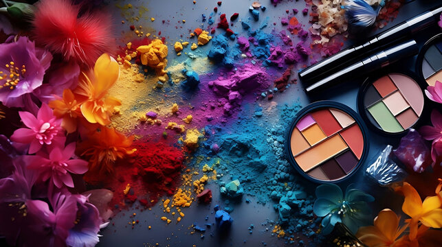 Compose an engaging description of a cosmetic products. Capture the arrangement of beauty items from above, showcasing their colors, textures, and shapes generated by AI.