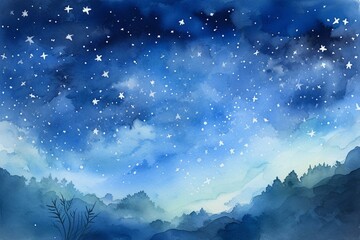 Naklejka na ściany i meble Watercolor painting of a sky filled with blue stars. Generative AI