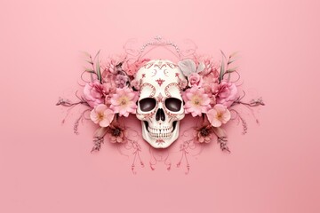 Floral and skull motifs on soft pink backdrop, evoking Santa Muerte vibes. Minimalist spring aesthetic. Generative AI