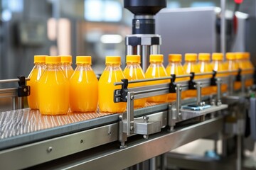 Four bottles of orange juice being sealed on a production line. Generative AI