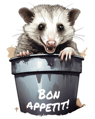 A humorous illustrated print featuring a playful opossum emerging from a trash bin. The caption on the artwork reads "Bon Appétit!" This cheerful print is perfect for animal lovers and funny art