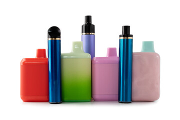 ecigarettes, vape, multicolored electronic cigarettes for smoking with different flavors on a white...
