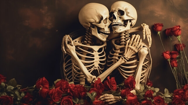 Skeleton couple in love and hug