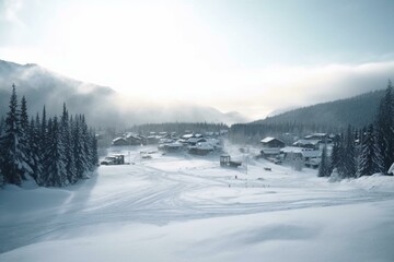 Scenic winter ski resort in Whistler, Canada. Slow-motion cinematic view. Generative AI