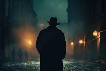 Silhouette of a man in night street. Gangster, mafia or old  detective on mission. Generative ai - obrazy, fototapety, plakaty
