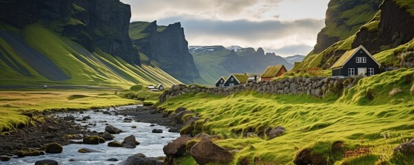Traditional iceland landscape with house, black sand green lava landscape. Generative ai