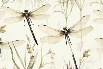 Seamless pattern featuring dragonflies in watercolor on a beige background. Generative AI - obrazy, fototapety, plakaty