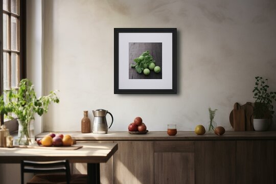 A digital model of a photo frame displayed in a Nordic kitchen. Generative AI