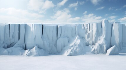 Front view a wall, white wall, thick snow on the wall, glacier on the wall. 3D illustration.