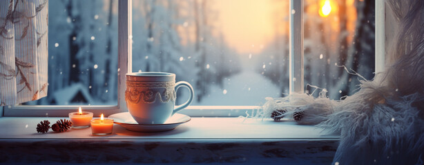Christmas card. a cup of coffee with burning candles on the windowsill overlooking the rising sun and the winter forest, legal AI