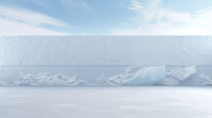Front view a wall, white wall, thick snow on the wall, glacier on the wall. 3D illustration.