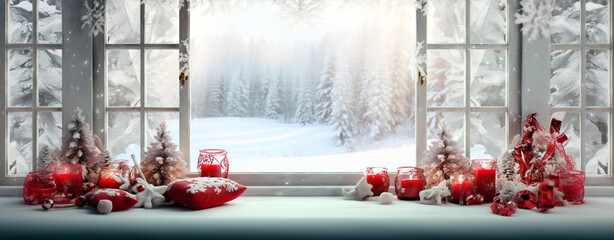beautiful Christmas card. Red Christmas baubles on the windowsill overlooking the winter forest outside the window, legal AI