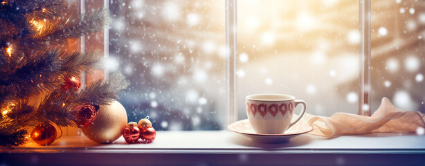 Christmas card. a cup of coffee on the windowsill, Christmas tree decorations overlooking the sunny winter forest, legal AI