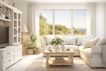Fototapeta na wymiar Stylish living room with a white sofa, pillows and a coffee table