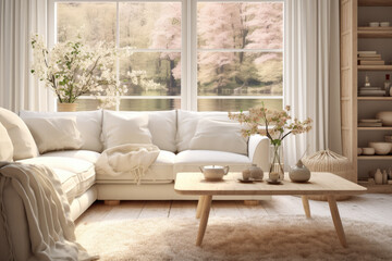 Stylish living room with a white sofa, pillows and a coffee table