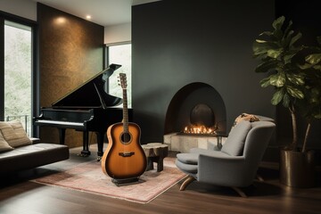 Acoustic guitar rests beside a cozy fireplace behind a velvet chaise in the living room. Generative AI
