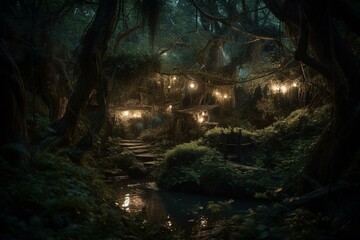 Enchanting, otherworldly woodland at night immersed in magical fantasy. Generative AI