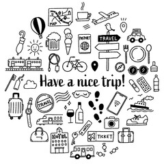 シンプルでかわいい手描きの旅行イラストセット（モノクロ）