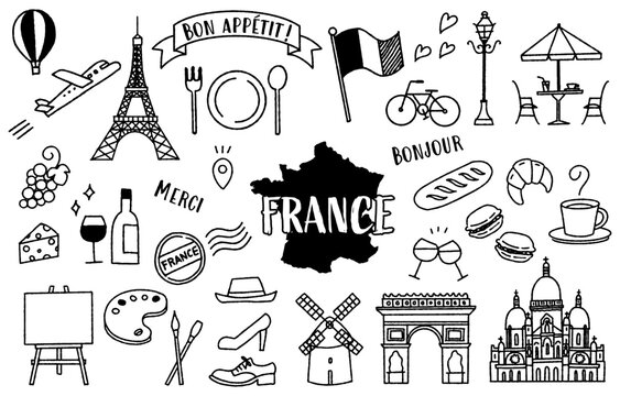 シンプルでかわいいフランスにまつわるイラストセット（モノクロ）
