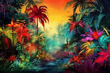 Fototapeta na wymiar Vibrant digital artwork of tropical jungle, featuring lush foliage, colorful plants, and palm trees, against a bright empty background. Generative AI