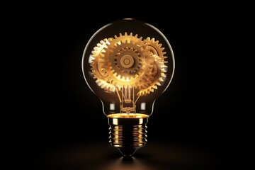 light bulb with cogs shining, in the style of innovating techniques, digital print, interactive experiences, computer-aided manufacturing, lightbox, iso 200, light black and light beige