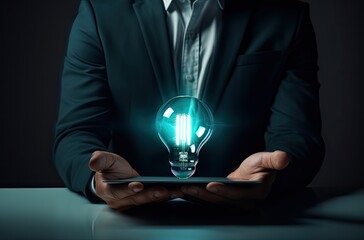person holding light bulb while writing a business report on laptop, in the style of technological marvels, dark gray and light aquamarine, iso 200, tetsuo hara, neurocore, unique and one-of-a-kind pi