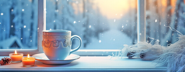 a cup of coffee and burning candles on the windowsill overlooking the winter forest. Christmas card, legal AI