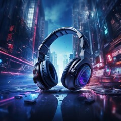 modern technology headphone with neon light abstract background 
