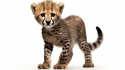 A full-length cheetah cub looks at the camera on a white background