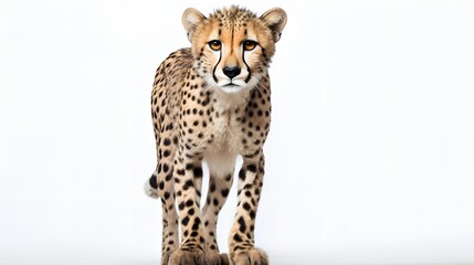 a full-length cheetah looks directly into the camera on a white background