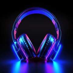 Fototapeta na wymiar Modern headphones with blue light on dark background