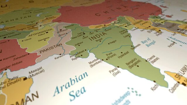 Afghanistan, Pakistan, India subcontinent animated travel map. Concept of travel, geography, and history. 4K 60FPS