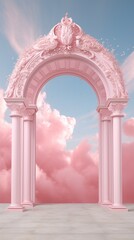 A surreal landscape of a pastel pink archway set against a bright red sky of billowing clouds,...