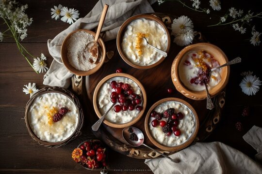 A festive serving of Scandinavian rice pudding with toppings, captured from above. Generative AI