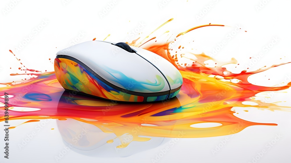 Poster a white computer mouse with a colorful splash of paint behind it and a cord on a white background