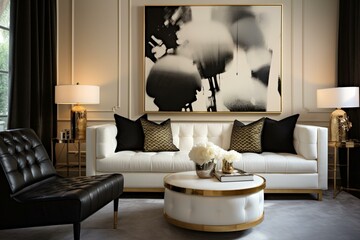 Sophisticated sitting room featuring a white couch adorned with refined gold and black accents. Generative AI