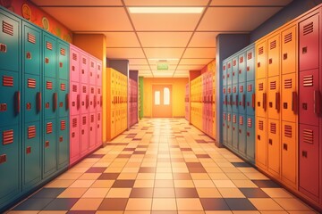 A vibrant cartoon hallway filled with colorful lockers. Generative AI