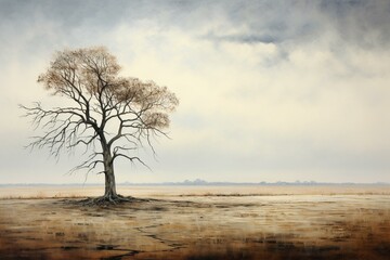A solitary, withered tree stands amid emptiness on a blank backdrop. Generative AI