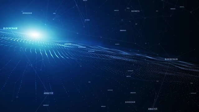 Blockchain business cyber space with wavy lines dark blue animation.
