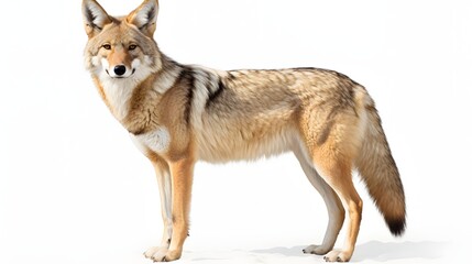 A coyote with a tan and gray coat on a white background