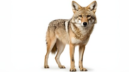 A coyote with a tan coat and black and white markings stands on a white background