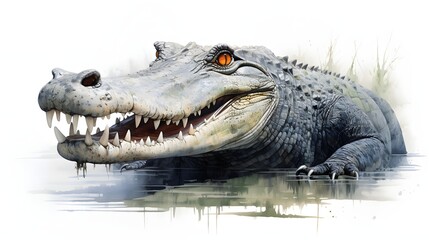 A crocodile basks in the sun with its mouth wide open on a white background