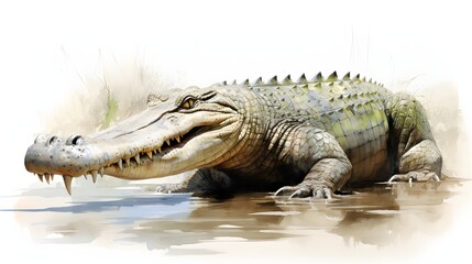 Fototapeta premium A crocodile showing its teeth in a beige background