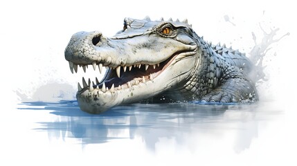 Obraz premium A crocodile basks in the sun with its mouth wide open on a white background