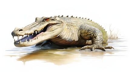 Fototapeta premium A crocodile basks in the sun with its mouth wide open on a white background